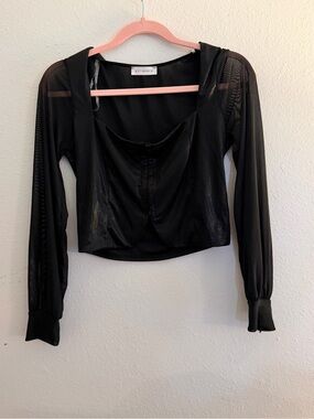 Black Sheer Long-Sleeve Cropped Blouse with Clasp Front